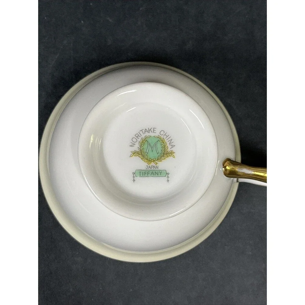 1930s Noritake Tiffany M Teacup Saucer Plate 4 Pc Set Gold Trim Ivory Aqua Beige